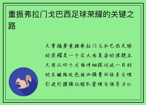 重振弗拉门戈巴西足球荣耀的关键之路